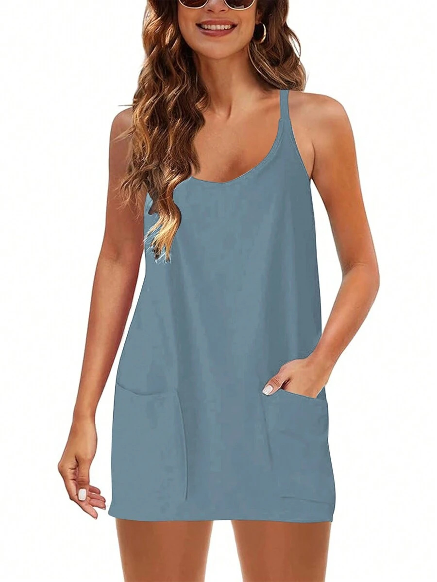 Easithlete Women's 2 In 1 Sporty Dress With Pockets - Dusty Blue - View 1