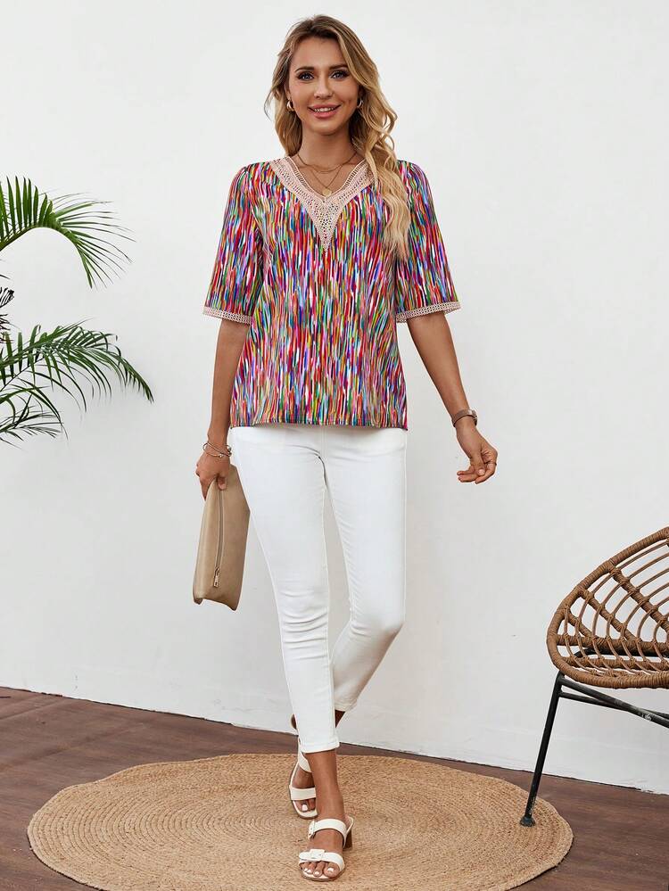 Women's Hollow Out Patchwork Short Sleeve Shirt, Casual Holiday Style