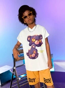 SHEIN Explorewe Tween Boys Bear & Slogan Graphic Batwing Sleeve Tee & Shorts - Grey - View 1