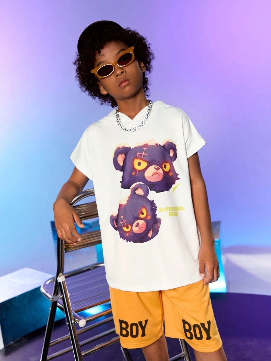 SHEIN Explorewe Tween Boys Bear & Slogan Graphic Batwing Sleeve Tee & Shorts - Grey - View 1