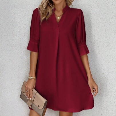 Vestito estivo casual da donna con scollo a tacca, colore tinta unita, vestito casual rosso, vestito bordeaux, vestito tunica per donne