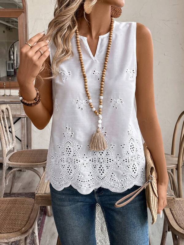 EMERY ROSE Blusa de verano con bordado de ojales y ribete de borde festoneado con cuello en V