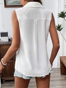 SHEIN LUNE Sleeveless Collared Solid Color Buttoned Casual Women's Shirt, Ideal For Teachers' Wear - White - View 2
