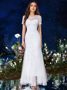 MIUSOL Vestido de gala de noche de longitud maxi formal con dobladillo de malla con inserciones de encaje y lentejuelas, elegante vestido de novia blanco para la boda - Blanco - Ver 10