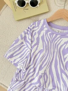 SHEIN LMoss Kids LMoss Tween Girl Tween Girls' Casual Knit Wavy Pattern Short Sleeve T-Shirt And Shorts Set - Purple - View 4