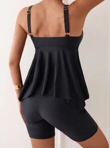 Swim Lushoire Sweetheart Collar Shoulder Strap Bow Decoration Ruffle Hem Top And Shorts Set Summer - Black - View 2