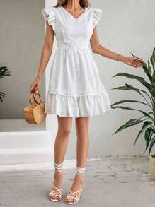 SHEIN Cottnline VCAY Collar V Neck Eyelet Embroidery Ruffle Trim Hem And Ruffle Sleeve Summer Dress - White - View 6
