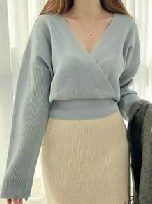 DAZY Women V-Neck Long Sleeve Solid Color Fitted Sweater, Autumn,Fall Women Clothes - Blue - View 3