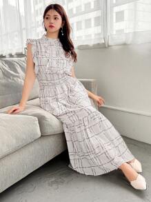 FRIFUL 女士简约日常印花无袖连衣裙，荷叶边 - 米色 - 查看 8