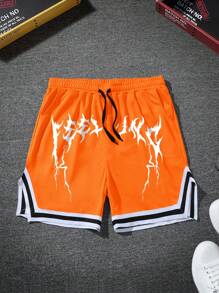 SLATEMANN Loose Fit Men's Shorts With Letter Print And Striped Hem, Drawstring Waist - Orange - View 2