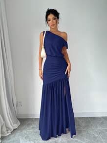 Elenzga Maxikleid für Frauen mit hohem Schlitz, schräger Schulter und Mesh-Einsatz