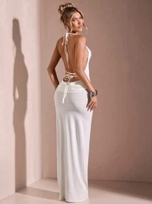 SHEIN BAE Mùa hè lãng mạn hẹn hò kỳ nghỉ đi biển màu trắng gợi cảm hở lưng dây buộc cổ cao nữ có chi tiết xếp li và cà vạt - trắng - Xem 3