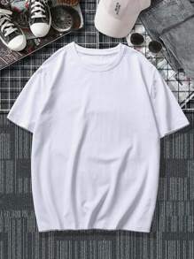 Manfinity Homme Camiseta de manga corta de cuello redondo lisa para hombres tallas grandes, uso diario casual, para el trabajo - Blanco - Ver 3