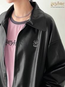 Harry Potter X Friful 女士刺绣图案宽松开衫皮夹克外套有领，秋季服装 - 黑色 - 查看 8