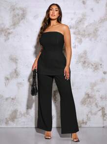 SHEIN BAE Plus Size Women's Fashionable And Versatile Solid Color Tube Top Vest And Pants Two-Piece Set - Black - View 5
