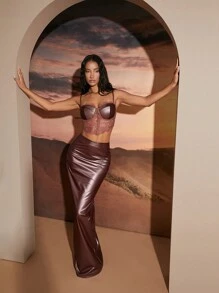 SHEIN Unity Camisole Party-Oberteil aus PU-Leder mit Spitzenbesatz - Rot - Übersicht 6