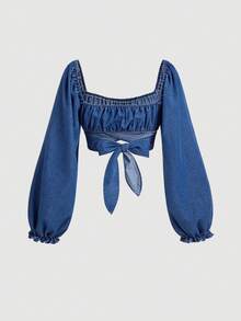SHEIN MOD Top integrado para mujer en denim dulce azul de manga larga corta con mangas abullonadas - Azul lavado oscuro - Ver 2