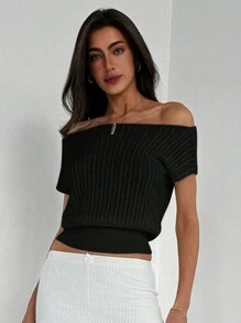 Aloruh Áo dệt kim lệch vai màu trắng thanh lịch cho nữ - màu đen - Xem 4