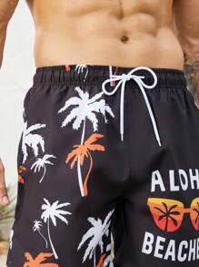 CoralVoy Men Coconut Tree & Letter Graphic Drawstring Waist Swim Trunks - Black - View 5