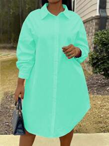 Calvaya Vestido de mangas largas sencillo de unicolor para mujer de talla grande para uso diario - verde menta - Ver 5