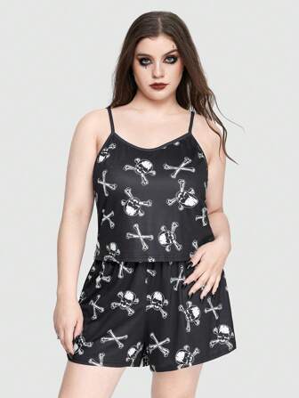 Goth Set Pigiama Con Canottiera Stampata Con Scheletro Gotico E Ossa Per Taglie Forti Con Pantaloncini