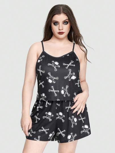 Goth Ensemble de pyjama cami imprimé squelette gothique et os en grandes tailles avec shorts