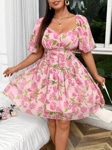 Flirla Vestido romántico de talla grande con estampado floral completo, escote de diamantes, mangas abullonadas, copas de busto y cintura en V, verano