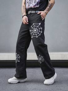 Manfinity EMRG Men Spider Web Print Straight Leg Jeans Without Belt - Black - View 1