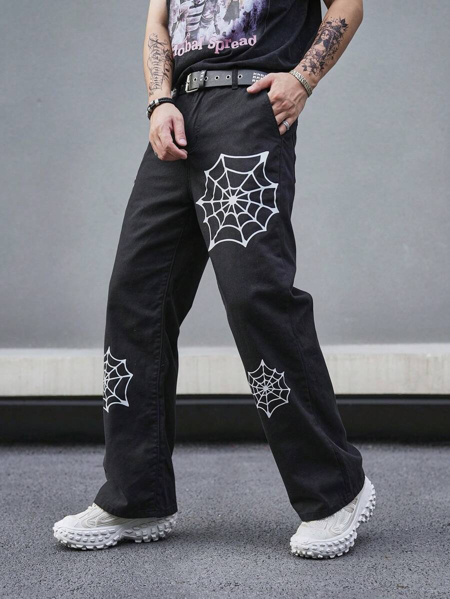 Manfinity EMRG Men Spider Web Print Straight Leg Jeans Without Belt - Black - View 1