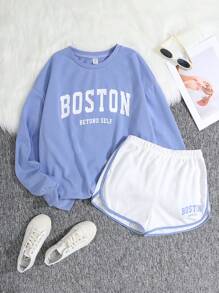 SHEIN Teen Girl Knitted Solid Color Letter Print Sweatshirt & Colorblock Shorts Casual 2pcs/Set - Blue and White - View 1