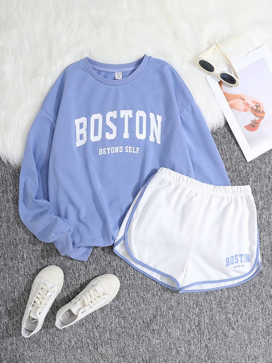 SHEIN Teen Girl Knitted Solid Color Letter Print Sweatshirt & Colorblock Shorts Casual 2pcs/Set - Blue and White - View 1