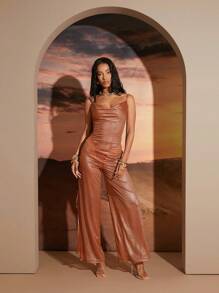 Hauture V-Neckline, Spaghetti Straps, Criss-Cross Back, Side Slit, Loose Fit, High Waist Jumpsuit