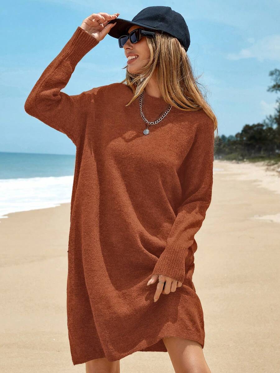 EURMUSE 女士實色膝長毛衣連衣裙 - 鏽棕色 - 查看 1