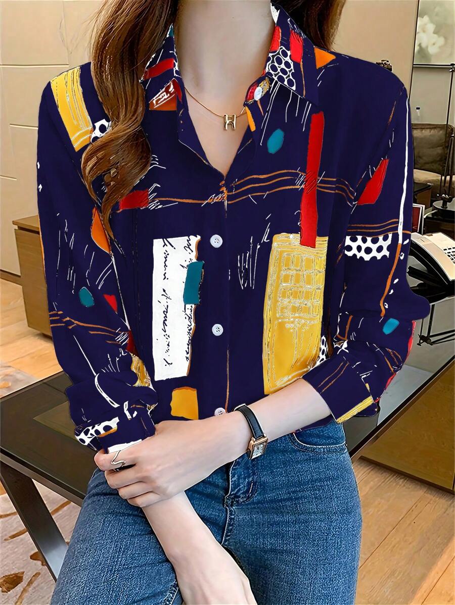 SHEIN LUNE 女士單排釦印花休閒日常長袖襯衫（隨機印花） - 藏蓝色 - 查看 1