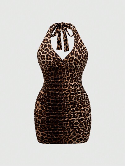 Grunge Punk Robe moulante à col ras-du-cou et taille froncée, imprimé léopard, grande taille, pour l'école