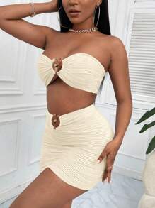 SHEIN SXY Bộ 2 chiếc nhẫn tròn xếp li hở lưng và họa tiết váy thường ngày thời trang rộng rãi - Màu be - Xem 7