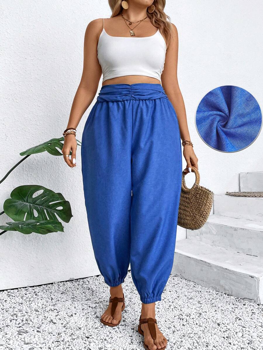 EMERY ROSE Plus Size Solid Color Pleated Cuffed Pants With Belt And Pockets, Elegant - Royal Blue - View 1