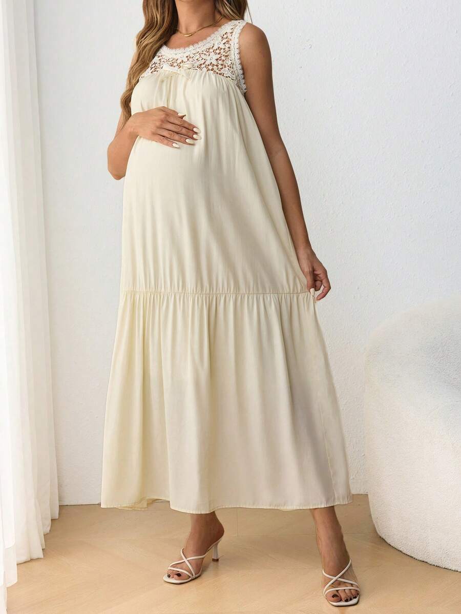 SHEIN Maternity Casual Beachwear Women's Clothing, Long Hollow Lace Maternity Dress - Yellow - View 1