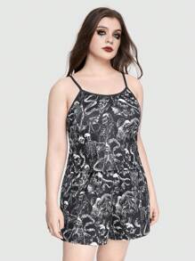 ROMWE Goth Plus Size Dark Skull & Snake Tank Top Pajama Set
