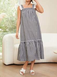 SHEIN Vestido casual de maternidad con patchwork de encaje floral y cuadros, con tirantes