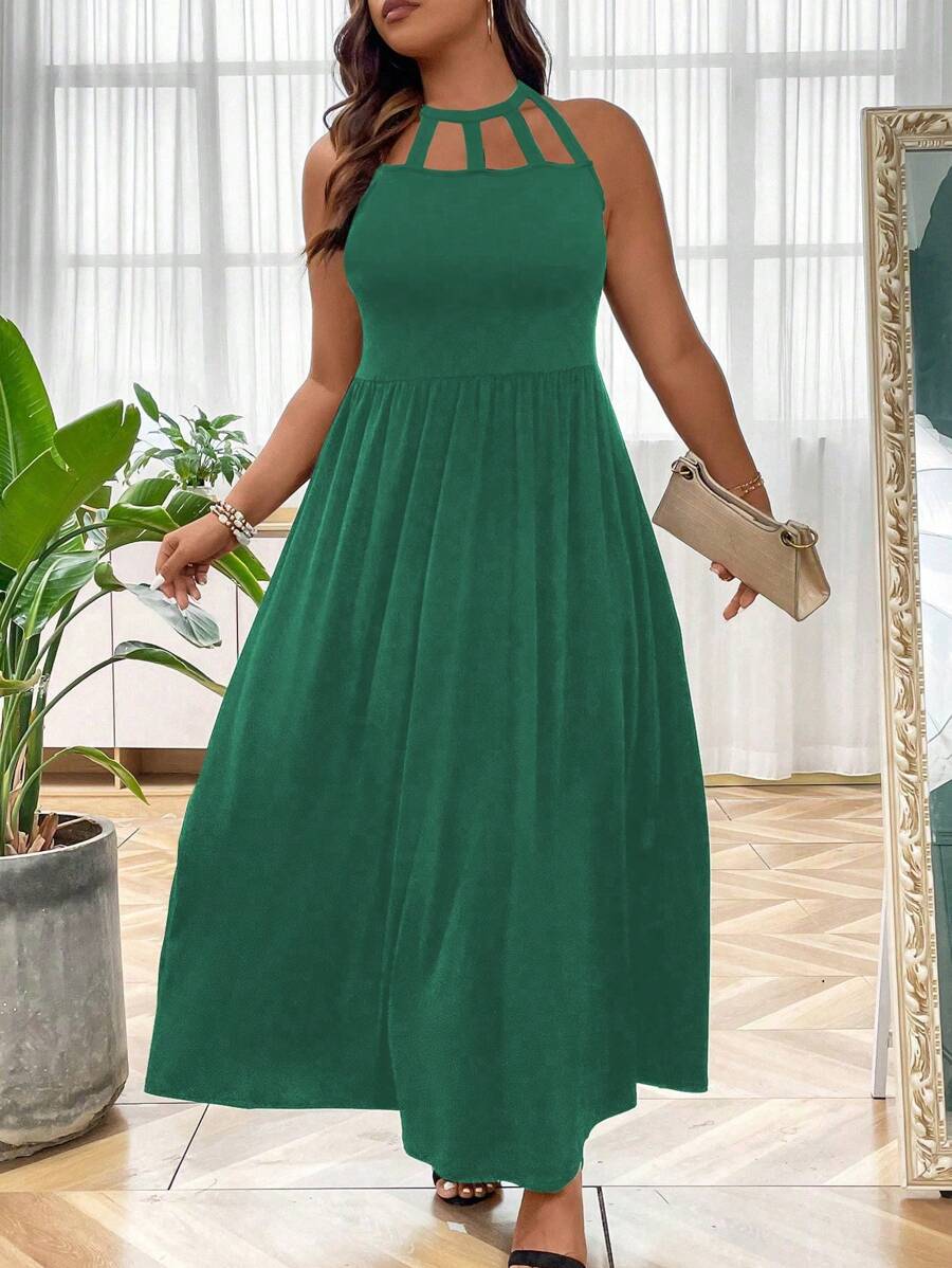 SHEIN Clasi 加大码纯色无袖褶皱连衣裙长款女装 - 墨綠色 - 查看 1