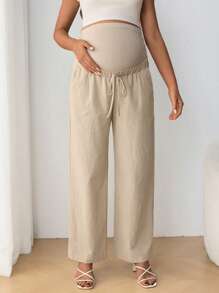 SHEIN 孕妇休闲可调节抽绳腰部蝴蝶结装饰腹部支撑直筒高腰孕妇裤 - 杏色 - 查看 4