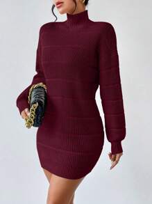EMERY ROSE Solid Color Stand Collar Long Sleeve Short Dress - Burgundy - View 4