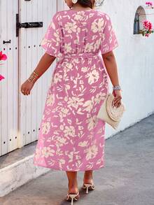 SHEIN Holidaya Plus Size Summer Vacation Random Printed Flounce Sleeve Dress - Pink - View 2