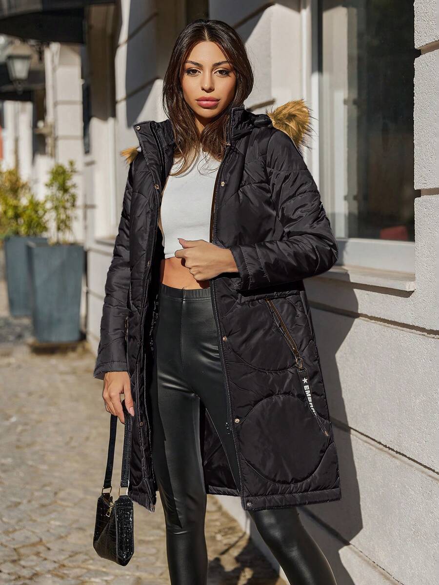 EURMUSE Fuzzy Trim Hooded Puffer Coat - Black - View 1