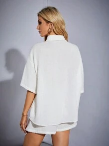 SHEIN Tall 白色編織女式休閒舒適家居襯衫領短袖上衣和高腰短褲套裝 - 白色 - 查看 2