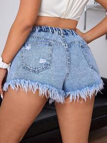 CovetEZ Cộng với quần short denim thô rách cho mùa hè - Màu xanh lam - Xem 2