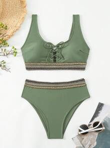 SHEIN Swim Women's Summer Beach Striped Bikini Set With Woven Strap, Halter Tie, And Separated Bikini Set - Army Green - View 3