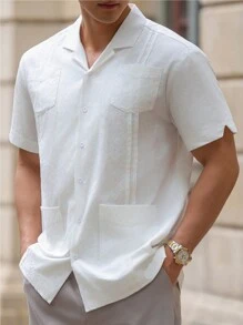 Áo sơ mi nam tay ngắn màu trơn kiểu cổ điển, họa tiết đồng xu, có hai túi, phong cách thường ngày và đa năng. - trắng - Xem 1