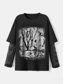 ROMWE Plus Size Summer Gothic Forest Printed Loose T-Shirt With Contrast Mesh, School